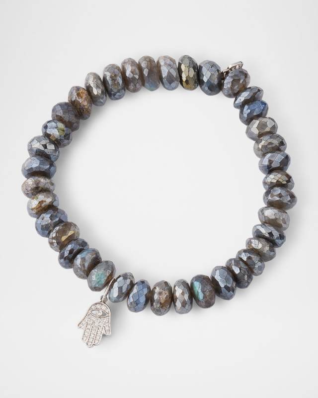 Mystic Labradorite Bead Bracelet with Mini Pavé Diamond Hamsa Charm